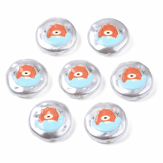 3D Printed ABS Plastic Imitation Pearl Beads, Flat Round with Bear