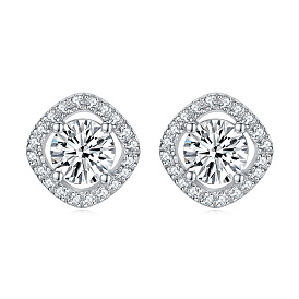 925 Sterling Silver Micro Pave Cubic Zirconia Stud Earrings, Rhombus