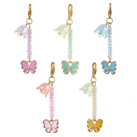 Butterfly Alloy Enamel & Glass Beads Pendant Decoration, Lobster Claw Clasps Charm for Bag Ornaments