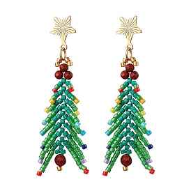 Christmas Tree Natural Red Jasper & Glass Seed Beads Dangle Stud Earrings for Women