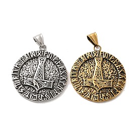 304 Stainless Steel Big Pendants, Flat Round with Thor's Hammer & Six-character Mantra