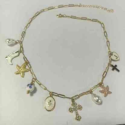 Mixed Shapes Handmade Porcelain & Alloy Enamel Pendant Necklaces, Brass Paperclip Chain Necklaces