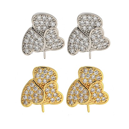 Rack Plating Brass Micro Pave Clear Cubic Zirconia Studs Earrings Finding, Cadmium Free & Lead Free, Long-lasting Plated, Heart