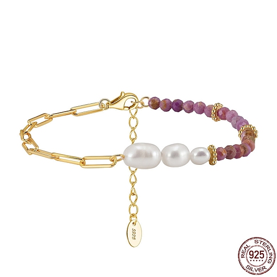 Natural Lepidolite & Pearl Beaded Bracelet, with 925 Sterling Silver Paperclip Chains, with S925 Stamp