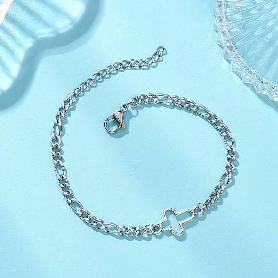Сплав ссылка браслеты, 304 браслеты из нержавеющей стали с цепочками Фигаро для женщин, крестик
