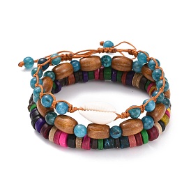 Natural Chalcedony & Wood Beads Stretch Bracelets Set, Natural Cowrie Shell Braided Bead Bracelets for Girl Women