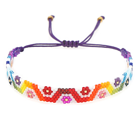 Friendship Flower Loom Pattern Seed Beads Bracelets for Women, Adjustable Nylon Cord Braided Bead Bracelets