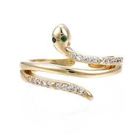 Anillo de puño cruzado con serpiente de circonita cúbica brillante, anillo abierto de latón chapado en oro real 18k para mujer, sin níquel