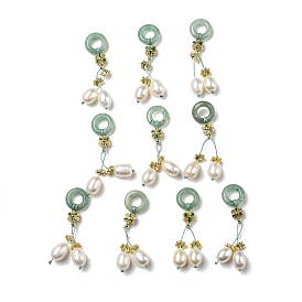 Natural Green Aventurine Donut Pendants, Brass Flower Charms with Natural Freshwater Pearl Tassel