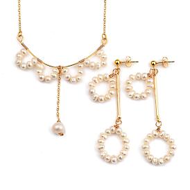 Natural Cultured Freshwater Pearl Beads Jewelry Sets, Brass Cable Chains Bib Necklace & Dangle Stud Earrings, 304 Stainless Steel Lobster Claw Clasps
