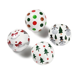 Christmas Printed Schima Wood European Beads, White, Round