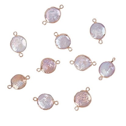 Plated Natural Baroque Pearl Keshi Pearl Links Connectors, with Iron Findings, Flat Round