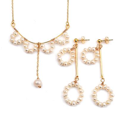 Natural Cultured Freshwater Pearl Beads Jewelry Sets, Brass Cable Chains Bib Necklace & Dangle Stud Earrings, 304 Stainless Steel Lobster Claw Clasps