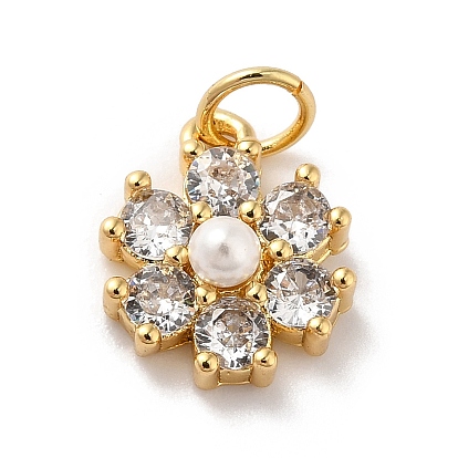 Rack Plating Brass Micro Pave Cubic Zirconia Charms, with Pearl, Cadmium Free & Lead Free, Real 18K Gold Plated, Flower