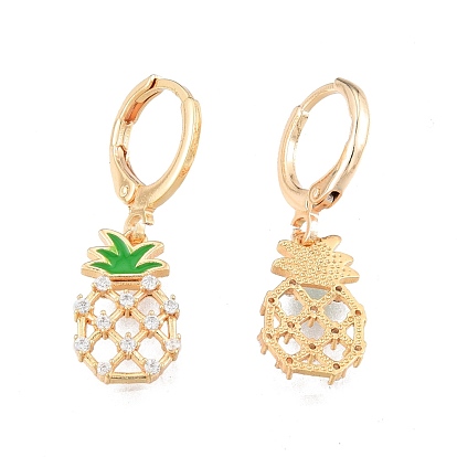 Clear Cubic Zirconia Pineapple Dangle Leverback Earrings with Enamel, Brass Jewelry for Women, Cadmium Free & Nickel Free & Lead Free