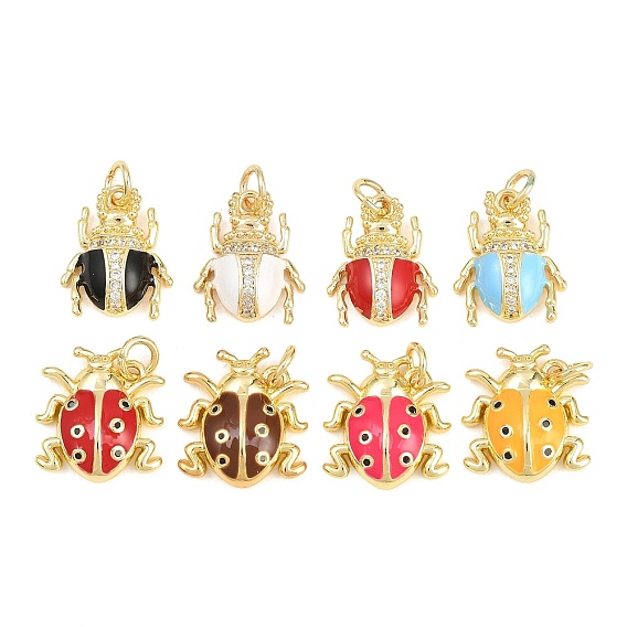 Латунные микропаве прозрачные подвески с фианитом, с эмалью, Подвески в виде жука/божьей коровки, долговечный, стойки покрытие, без свинца и без кадмия, реальный 18 k позолоченный