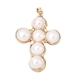 Pendentifs de perles d'eau douce naturelles, Breloques en forme de croix religieuse bordées de laiton, blanc