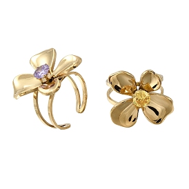 304 Stainless Steel Micro Pave Cubic Zirconia Cuff Open Rings for Women, Flower, Golden