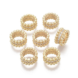Brass Micro Pave Clear Cubic Zirconia Beads, Nickel Free, Real 18k Gold Plated, Ring
