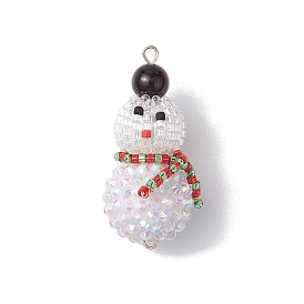 Christmas Natural Black Onyx(Dyed & Heated) & Resin Rhinestone Pendants, Snowman Charms with Glass Seed Beads