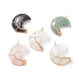 Natural & Synthetic Gemstone Pendants, with Real 18K Gold Plated Copper Wire Wrapped, Moon
