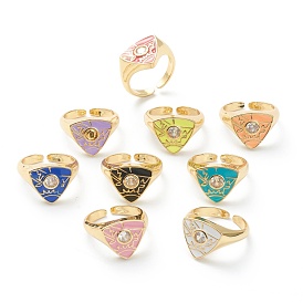 Brass Clear Cubic Zirconia Cuff Rings, Open Rings, Long-Lasting Plated, with Enamel, Real 18K Gold  Plated, Triangle