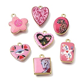 Colgantes de latón impresos, dijes cuadrados/rectangulares/en forma de corazón/flor/ovalados, rosa