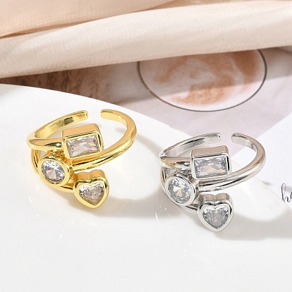 Pendientes de latón con circonitas cúbicas engastadas, anillos abiertos tipo brazalete., redondo y corazón y rectángulo, chapado en rack, larga duración plateado, sin plomo y cadmio