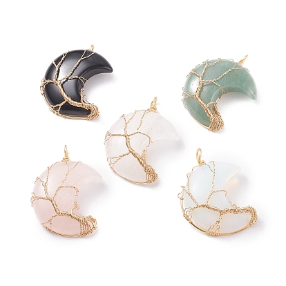 Natural & Synthetic Gemstone Pendants, with Real 18K Gold Plated Copper Wire Wrapped, Moon