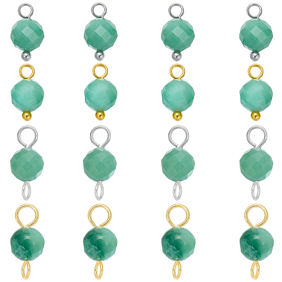 16Pcs 4 Styles May Birthstone Natural Fuchsite Pendant and Connector Charms, Round, with Brass Findings