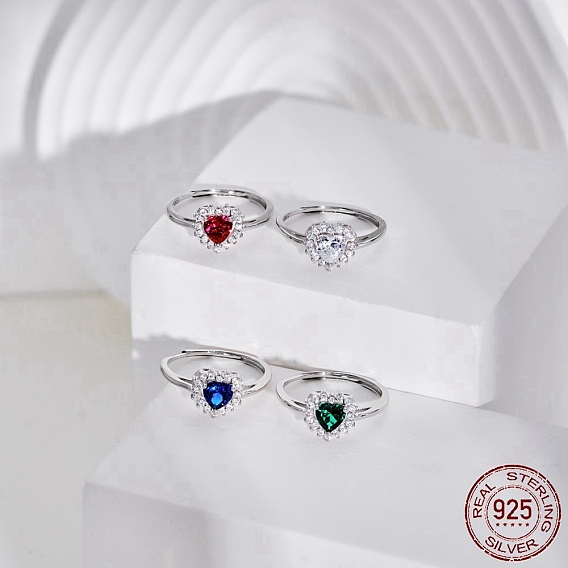 925 Sterling Silver Adjustable Rings, Birthstone Ring, with Cubic Zirconia Heart & 925 Stamp for Women, Real Platinum Plated