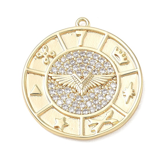 Brass with Crystal Rhinestone Pendants, Flat Round with Wing Charms