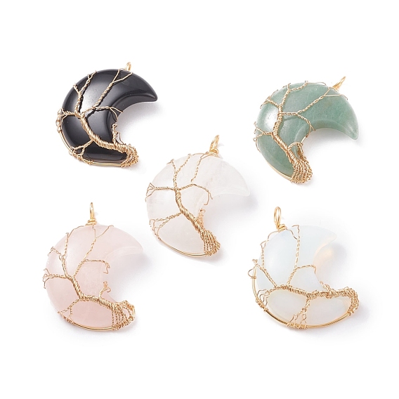 Natural & Synthetic Gemstone Pendants, with Real 18K Gold Plated Copper Wire Wrapped, Moon