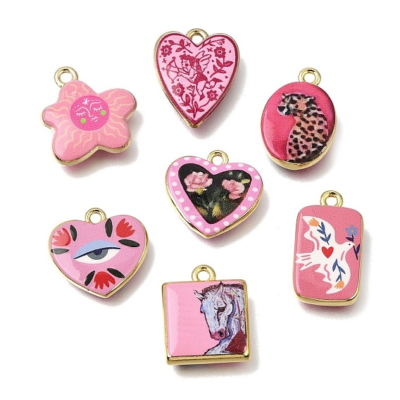 Printed Brass Pendants, Square/Rectangle/Heart/Flower/Oval Charms, Pink