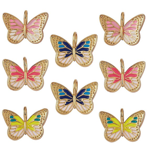 8Stk. 4 Farben Messing Emaille Anhänger, echt 18 k vergoldet, langlebig überzogen, Schmetterling