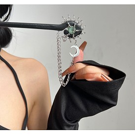 Black wood green stone crescent hairpin green tassel hairpin niche design hair accessories accessories female