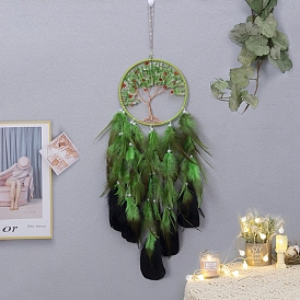 Tree of Life Natural Green Aventurine Chips Woven Web/Net with Feather Decorations, Home Decoration Ornament Festival Gift