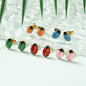 304 серьги из нержавеющей стали эмаль, ионное покрытие (ip), божья коровка, золотые