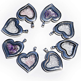 Natural Gemstone Chip Pendants, Heart Charms, with Platinum Tone Alloy Findings
