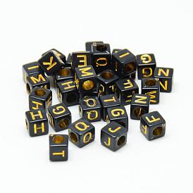Opaque Plated Acrylic Beads, Metal Enlaced, Horizontal Hole, Mixed Letters, Cube