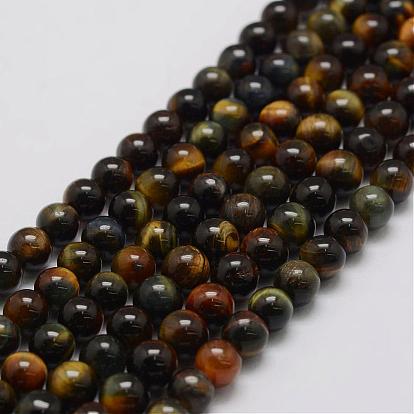 Brins de perles d'œil de tigre bleu jaune naturel, Grade a, ronde
