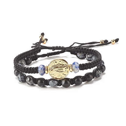 2pcs 2 geflochtene Perlenarmbänder aus natürlichem Schneeflocken-Obsidian und Jaspis mit blauen Flecken, besetzt mit Jungfrau Maria aus Messing, Edelstein verstellbare Armbänder für Frauen