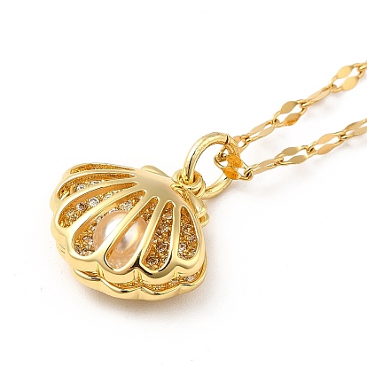 Cubic Zirconia Shell with Resin Pearl Cage Pendant Necklace, Brass Jewelry for Women