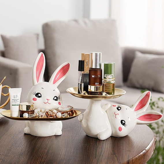 Figurines de plateau de lapin en céramique, Rangement de clés de bijoux d'entrée pour la décoration de bureau à domicile