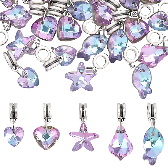 30Pcs 5 Styles Electroplated Glass European Dangle Charms, Large Hole Pendants, with Alloy Bails, Mixed Shapes, Antique Silver