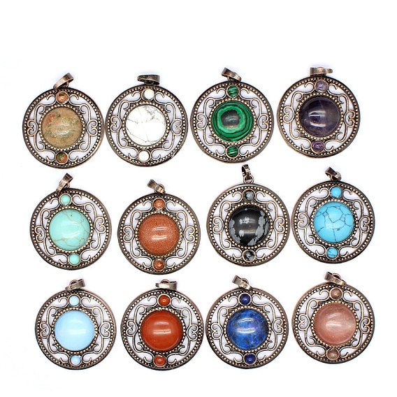 Ретро полые подвески из натуральных и синтетических драгоценных камней, плоские круглые подвески, с красной медной металлической фурнитурой