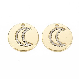 Rack Plating Alloy Pendants, with Crystal Rhinestone, Cadmium Free & Lead Free, Flat Round with Moon