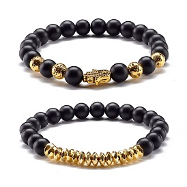 Natural Lava Rock & Synthetic Black Stone & Non-magnetic Hematite Round Beads Energy Stretch Bracelets Set, Hamsa Hand /Hand of Miriam & Rondelle Alloy Beads Bracelets for Men Women, Antique Golden