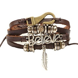 Handmade Ethnic Leather Bracelet with Believe Charm