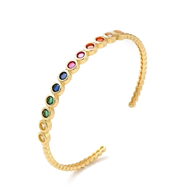 Bracelet de manchette ouvert rond plat en zircone cubique colorée, bijoux en laiton de placage de rack pour les femmes, sans plomb et sans cadium